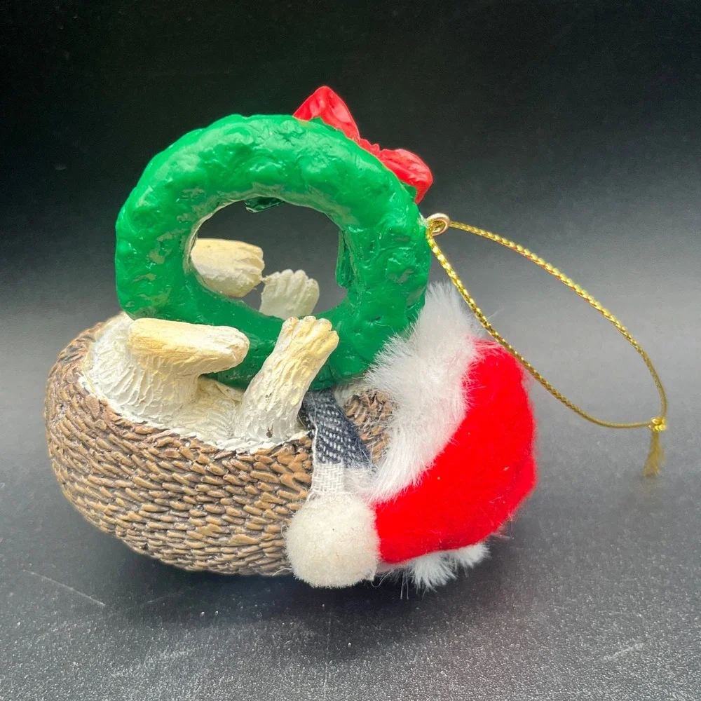 Hedgehog with Santa Hat‎ Plaid Scarf Swinging on Christmas Wreath Ornament 3